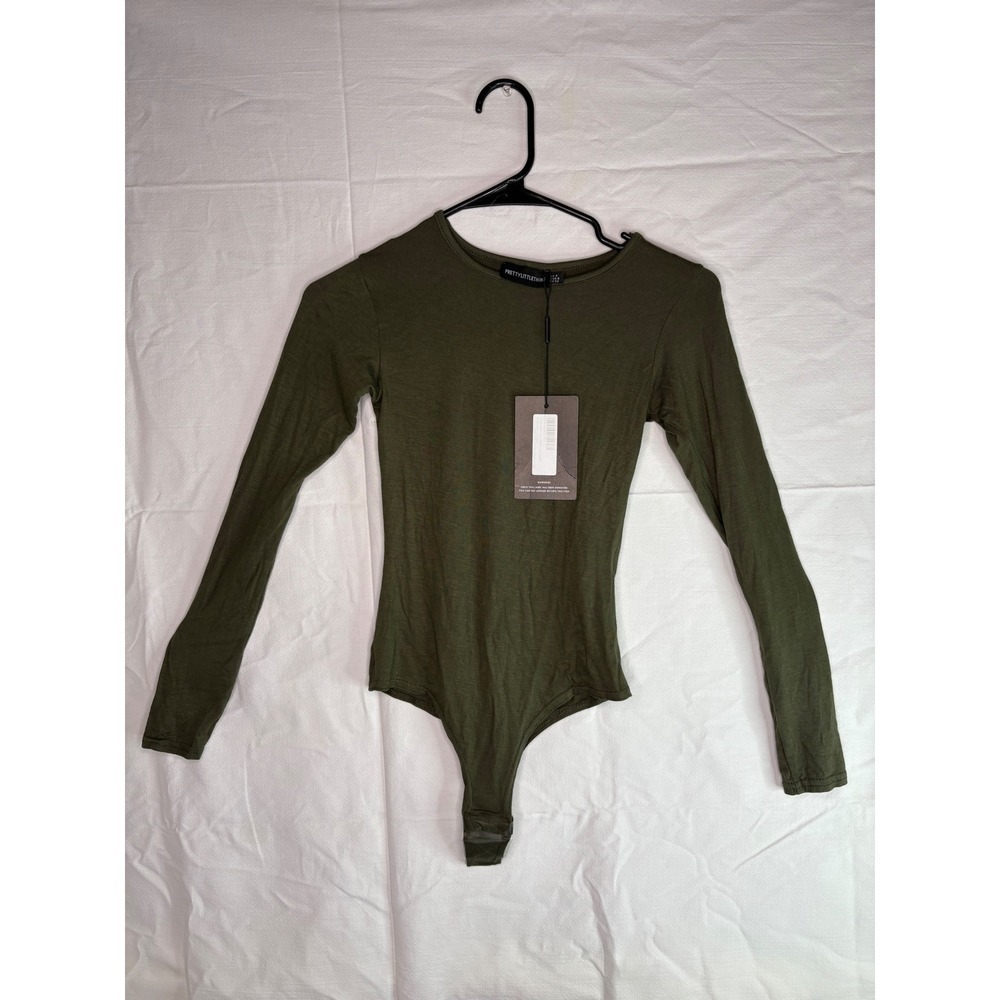 NWT PRETTYLITTLETHING Olive Green Long Sleeve Thong Bodysuit Women's Size 4